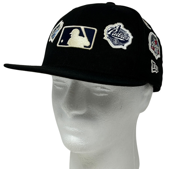 San Diego SD Padres Hat Baseball Cap Fitted 7 5/8 New Era Logo History Black - Picture 1 of 12
